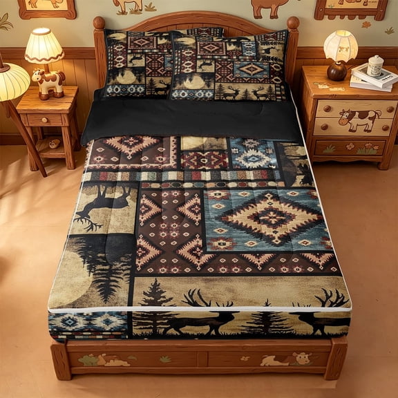 meiyoeat Southwestern Bear Deer Zipper Twin Comforter Sets with Fitted Sheet and 2 Pillowcases,Bohemian Exotic Style Aztec Geometric Zipper Bedding Set For Boys Kids,Black Reversible,4 Pieces