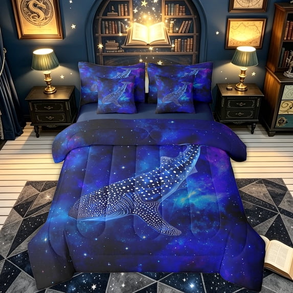 meiyoeat Space Shark Full Size Bedding Sets for Kids Boys Girls, Dreamy Galaxy Star Animal Full Size Bed in a Bag, Navy, Blue Reversible, 7 Pieces