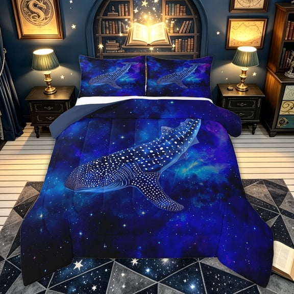 meiyoeat Space Shark Full Size Comforter Sets for Kids Boys Girls, Dreamy Galaxy Star Animal Bedding Comforter Set, Navy, Blue Reversible, 3 Pieces, 1 Comforter and 2 Pillowcases