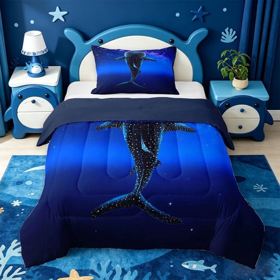 meiyoeat Sparkling Print Shark Twin Comforter Sets For Boys,Coastal Ocean Style Bedding Set For Kids,Navy Blue Reversible,2pcs