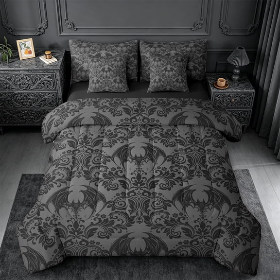 meiyoeat Spooky Gothic Bat 7 Pieces Full Size Bedding Sets,Gray Classic Damask Floral Full Size Bed In A Bag For Adults, Black Gray,Black Reversible