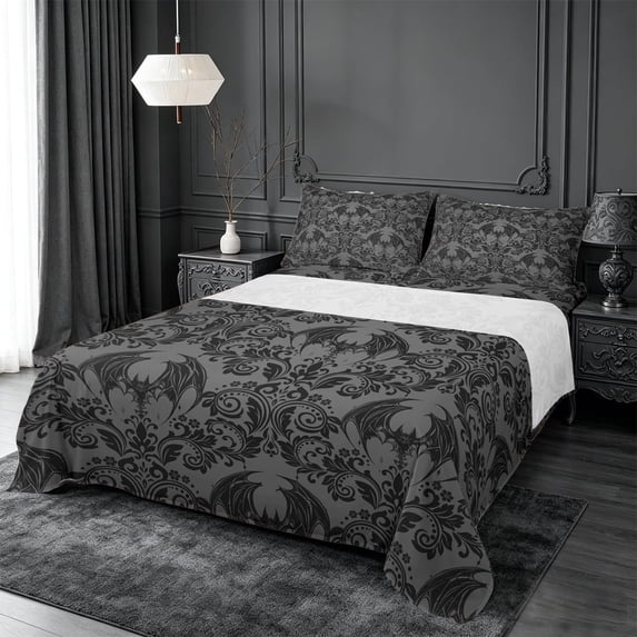 meiyoeat Spooky Gothic Bat King Sheets,Gray Classic Damask Floral Bedding For Adults, Black Gray,4-Piece