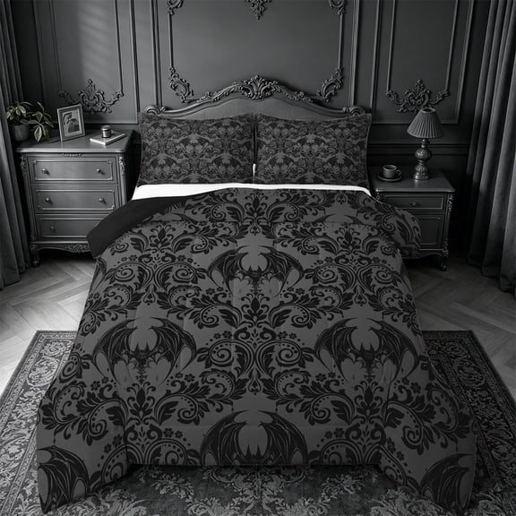 meiyoeat Spooky Gothic Bat Queen Comforter Set,Gray Classic Damask Floral Comforter Sets Queen For Adults, Black Gray,Black Reversible,3pcs