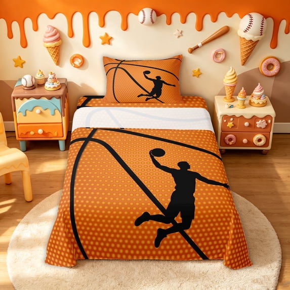 meiyoeat Sport Basketball Player Twin Sheets for Boys, Abstract Stripes Bedding, Orange Black, 3-Piece, 1 Flat Sheet, 1 Fitted Sheet and 1 Pillowcase
