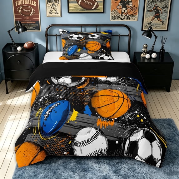 meiyoeat Sport Football Twin Comforter Sets for Boys, Multisport Graffiti Splash Bedding Set, Black Reversible, 2-Piece, 1 Comforter and 1 Pillowcase