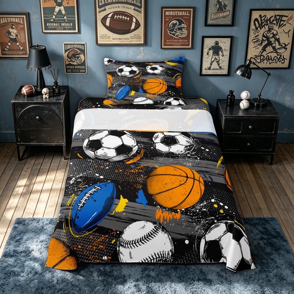 meiyoeat Sport Football Twin Sheets for Boys, Multisport Graffiti Splash Bedding, 3-Piece, 1 Flat Sheet, 1 Fitted Sheet and 1 Pillowcase