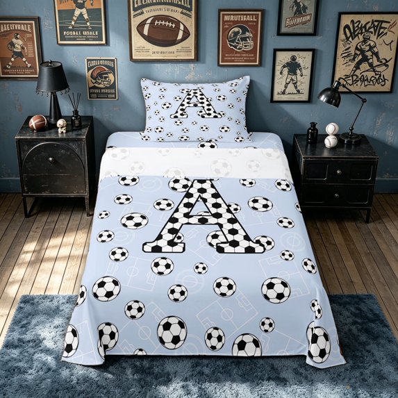 meiyoeat Sport Soccer Letter A Twin Sheets for Boys, Blue Cartoon Ball Theme Bedding, 3-Piece, 1 Flat Sheet, 1 Fitted Sheet and 1 Pillowcase