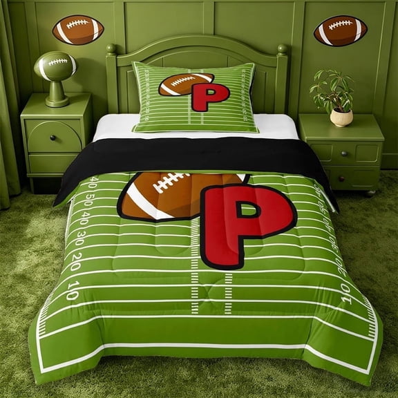 meiyoeat Sport Theme ABC Alphabet Twin Comforter Sets For Rugby Lovers,Football Initial Letter P Bedding Set For Kids Boys,black Reversible,2-Piece