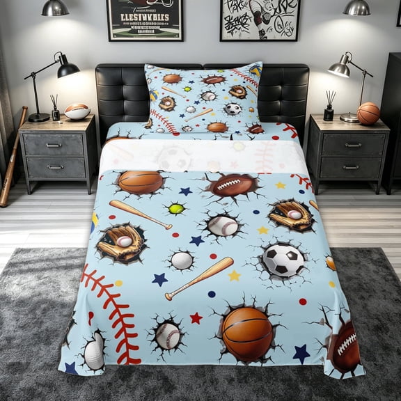 meiyoeat Sporty Ball Twin Sheets for Kids Boys, Cartoon Football Basketball Bedding for Bedroom, Blue, 3 Pieces