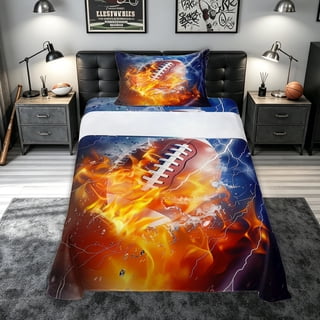 meiyoeat Sporty Football Twin Sheets for Kids Boys, Fire Water Bedding for Bedroom, Navy Orange, 3-Piece