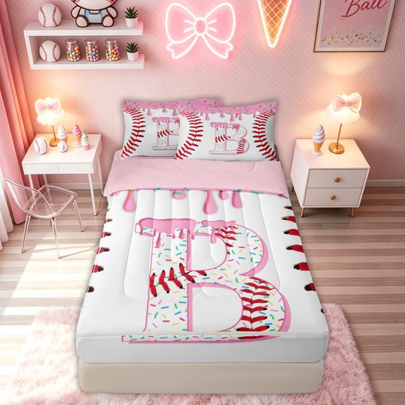 meiyoeat Sprinkle Baseball B Letter Zipper Twin Comforter Sets with Fitted Sheet and 2 Pillowcases for Boys Girls, Pink Donut Ice Cream Drip Zipper Bedding Set, Pink Reversible, 4pcs
