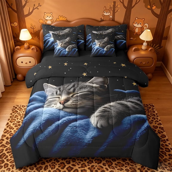 meiyoeat Starry Night Cat 7-Piece Twin Bedding,Pet Animal Print Bedding Comforter Set For Girl,Reversible