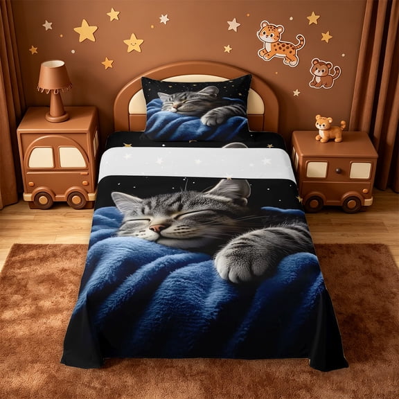 meiyoeat Starry Night Cat Twin Sheets,Pet Animal Print Bedding For Girl,3 Pieces,1 Fitted Sheet and 1 Pillowcase