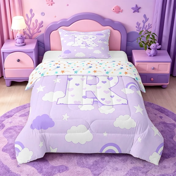 meiyoeat Stars Rainbow Initial R Twin Comforter Sets,Watercolor Loves Monogrammed Print Bedding Set For Girl,Colorful Stars Reversible,2pcs,1 Comforter and 1 Pillowcase