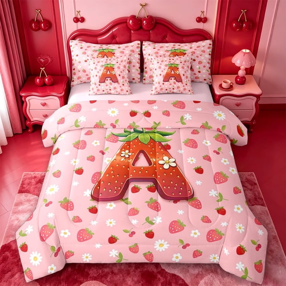 meiyoeat Strawberry Floral Monogram A 7-Piece Twin Bedding,3D Cartoon Cute Fruit Bedding Comforter Set For Girl,Pink Reversible