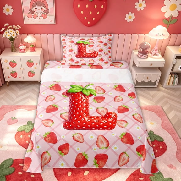 meiyoeat Strawberry L Initial Twin Sheets for Girls, Fruit Flower Bedding, Red Pink, 3 Pieces, 1 Flat Sheet, 1 Fitted Sheet and 1 Pillowcase