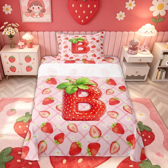 meiyoeat Strawberry Letter B Twin Sheets for Kids, Princess Buffalo Bedding for Bedroom, Pink, 3pcs, 1 Flat Sheet, 1 Fitted Sheet and 1 Pillowcase