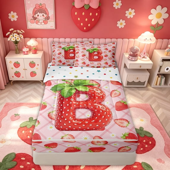 meiyoeat Strawberry Letter B Zipper Twin Comforter Sets with Fitted Sheet and 2 Pillowcases for Kids, Princess Buffalo Zipper Bedding Set for Bedroom, Pink, Polkadot Reversible, 4pcs