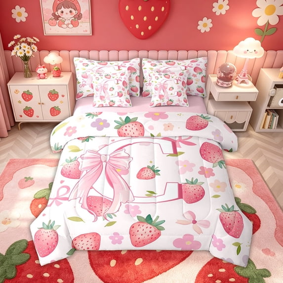 meiyoeat Strawberry Letter C Twin Bedding for Girls, Cute Bowknot Floral Bedding Comforter Set, Pink, Pink Reversible, 7-Piece