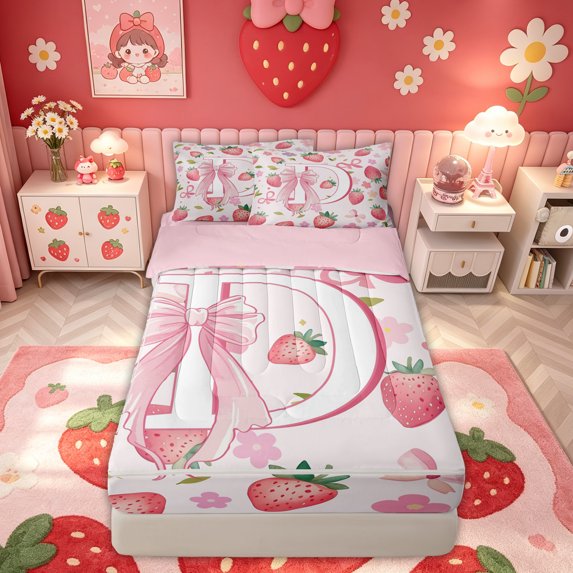 meiyoeat Strawberry Letter D Zipper Comforter Set with Fitted Sheet and 2 Pillowcases for Kids Girls, Cartoon Ribbon Zipper Bedding Set, Pink, Pink Reversible, 3 Pieces