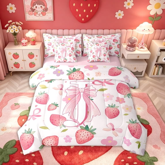 meiyoeat Strawberry Letter J Twin Bedding, Kawaii Bowknot Bedding Comforter Set for Kids Girls, Pink, Pink Reversible, 7 Pieces