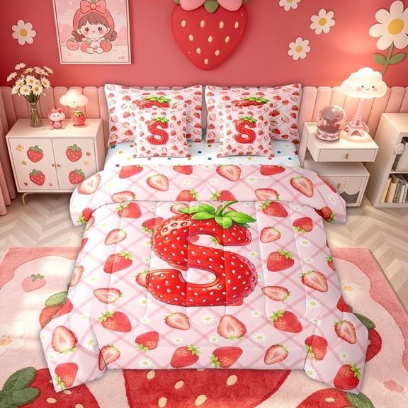meiyoeat Strawberry Letter S Twin Bedding for Kids, Princess Buffalo Bedding Comforter Set for Bedroom, Pink, Polkadot Reversible, 7-Piece
