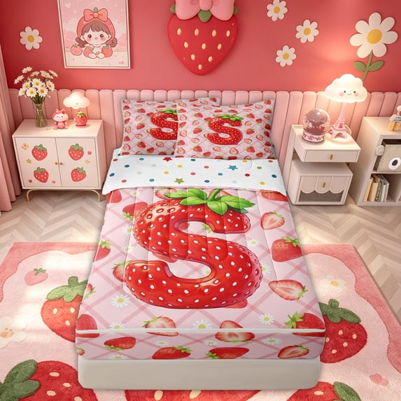 meiyoeat Strawberry Letter S Zipper Twin Comforter Sets with Fitted Sheet and 2 Pillowcases for Kids, Princess Buffalo Zipper Bedding Set for Bedroom, Pink, Polkadot Reversible, 4-Piece