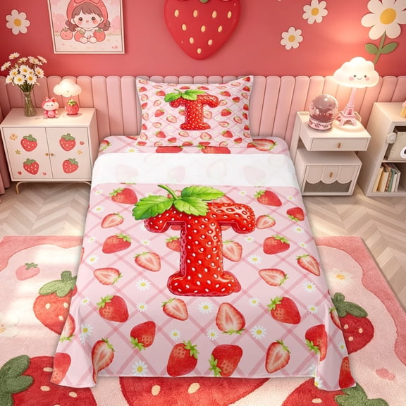 meiyoeat Strawberry Letter T Twin Sheets for Kids, Princess Buffalo Bedding for Bedroom, Pink, 3pcs, 1 Flat Sheet, 1 Fitted Sheet and 1 Pillowcase