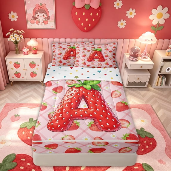 meiyoeat Strawberry Letter A Zipper Twin Comforter Sets with Fitted Sheet and 2 Pillowcases for Kids, Princess Buffalo Zipper Bedding Set for Bedroom, Pink, Polkadot Reversible, 4-Piece