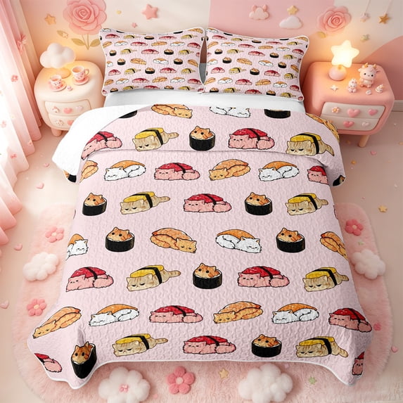 meiyoeat Sushi Cat Pattern Bed Spread Queen,Cute Kitten Food Print Queen Coverlet Set,3pcs,1 Quilt and 2 Pillowcases