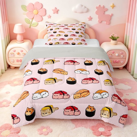 meiyoeat Sushi Cat Pattern Twin Comforter Sets,Cute Kitten Food Print Bedding Set,Light Gray Reversible,2-Piece,1 Comforter and 1 Pillowcase