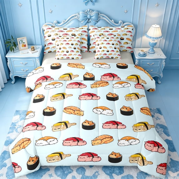 meiyoeat Sushi Cat Print 7-Piece Twin Bedding,Cute Food Pattern Bedding Comforter Set For Girl,Reversible