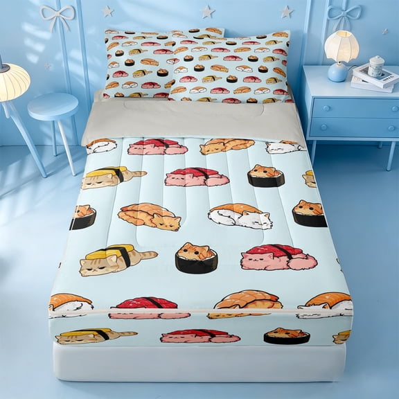 meiyoeat Sushi Cat Print Zipper Twin Comforter Sets with Fitted Sheet and 2 Pillowcases,Cute Food Pattern Zipper Bedding Set For Girl,Reversible,4 Pieces