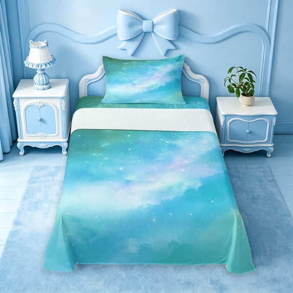 meiyoeat Teal Galaxy Star Twin Sheets,Calm Magical Sky Pattern Bedding For Girl,3-Piece,1 Fitted Sheet and 1 Pillowcase