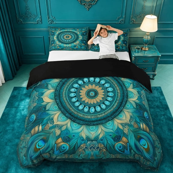 meiyoeat Teal Peacock Pattern Duvet Cover King For Adults,Vintage Boho Art King Bedding For Women,Black Reversible,3pcs(No Comforter)