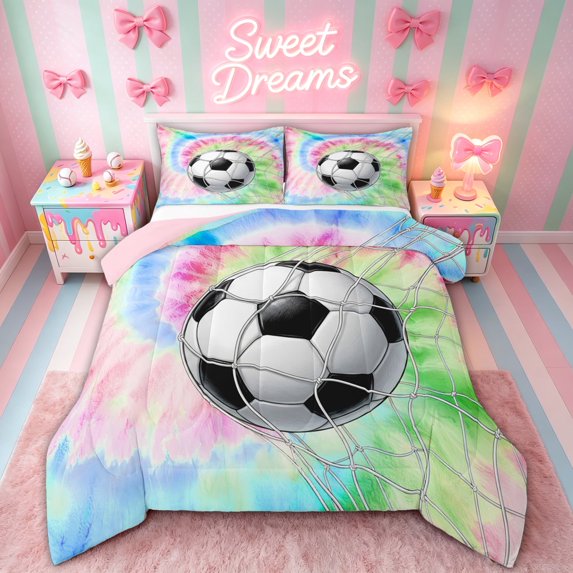 meiyoeat Tie Dye Soccer Full Size Comforter Sets for Boys, Spiral Watercolor Artwork Bedding Comforter Set, Pink Blue, Pink Reversible, 3pcs, 1 Comforter and 2 Pillowcases