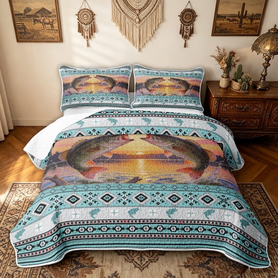 meiyoeat Tribal Border Largemouth Bass Quilt King for Men, Lake Forest Fishing Marine King Coverlet Set, Turquoise, 3pcs, 1 Comforter and 2 Pillowcases