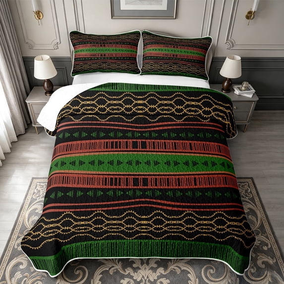 meiyoeat Tribal Stripes Quilt King For Men Women,Ethnic Pattern King Coverlet Set,Green Black,3 Pieces,1 Bedspread and 2 Pillowcases