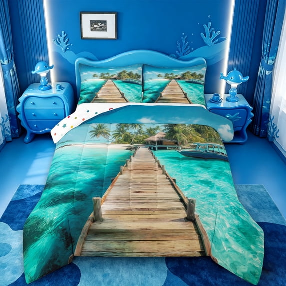 meiyoeat Tropical Beach Pier Full Size Comforter Sets For Boys,Tree Print Bedding Comforter Set,Polkadot Reversible,3 Pieces,1 Comforter and 2 Pillowcases