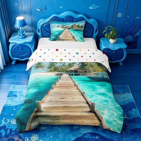 meiyoeat Tropical Beach Pier Twin Duvet Cover For Boys,Tree Print Twin Bedding,Polkadot Reversible,2-Piece,1 Duvet Cover and 1 Pillowcase