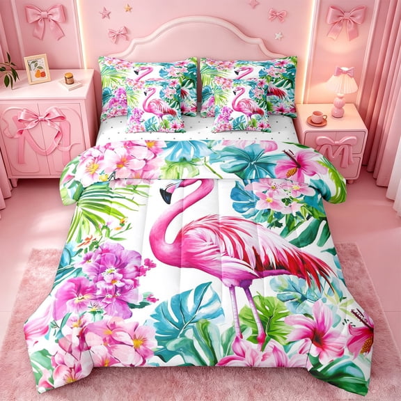 meiyoeat Tropical Flamingo Floral 7 Pieces Full Size Bedding Sets,Green Monstera Leaf Full Size Bed in a Bag For Girl,Reversible