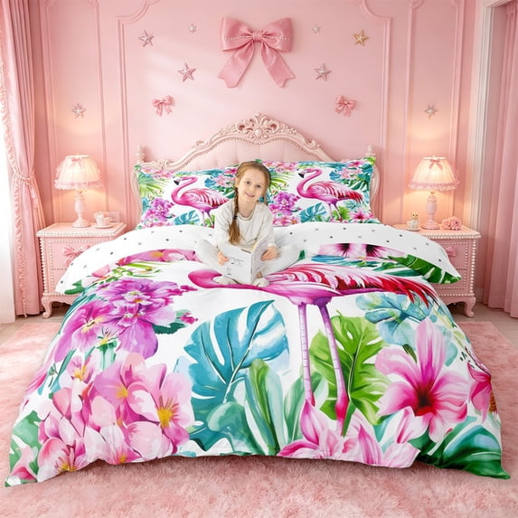 meiyoeat Tropical Flamingo Floral Bedding,Green Monstera Leaf Duvet Cover Full For Girl,Reversible,3 Pieces,1 Duvet Cover and 2 Pillowcases