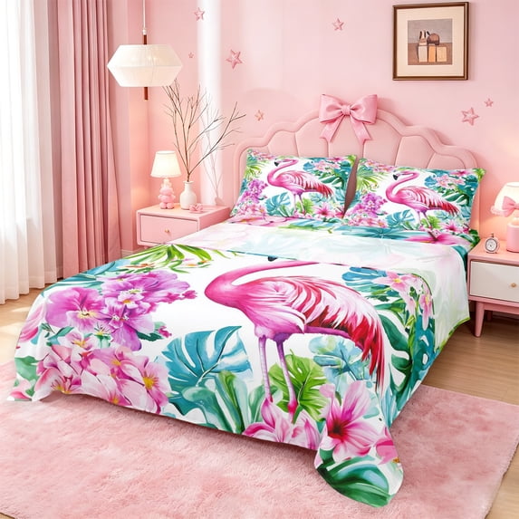 meiyoeat Tropical Flamingo Floral King Sheets,Green Monstera Leaf Bedding For Girl,4-Piece,1 Flat Sheet,1 Fitted Sheet And 2 Pillowcases