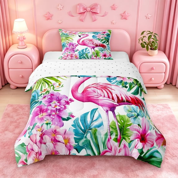 meiyoeat Tropical Flamingo Floral Twin Comforter Sets,Green Monstera Leaf Bedding Set For Girl,Reversible,2-Piece,1 Comforter and 1 Pillowcase