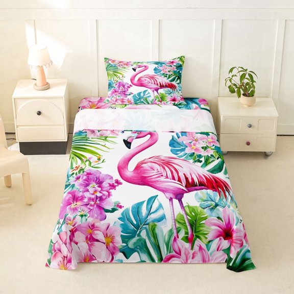 meiyoeat Tropical Flamingo Floral Twin Sheets,Green Monstera Leaf Bedding For Girl,3-Piece,1 Fitted Sheet and 1 Pillowcase