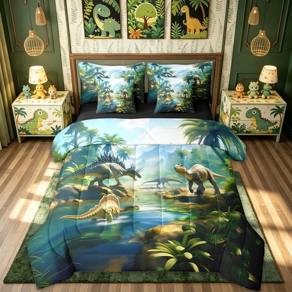 meiyoeat Tropical Rainforest Dinosaur Twin Bedding for Kids Boys Girls, Nature Wildlife Bedding Comforter Set, Green, Black Reversible, 7-Piece