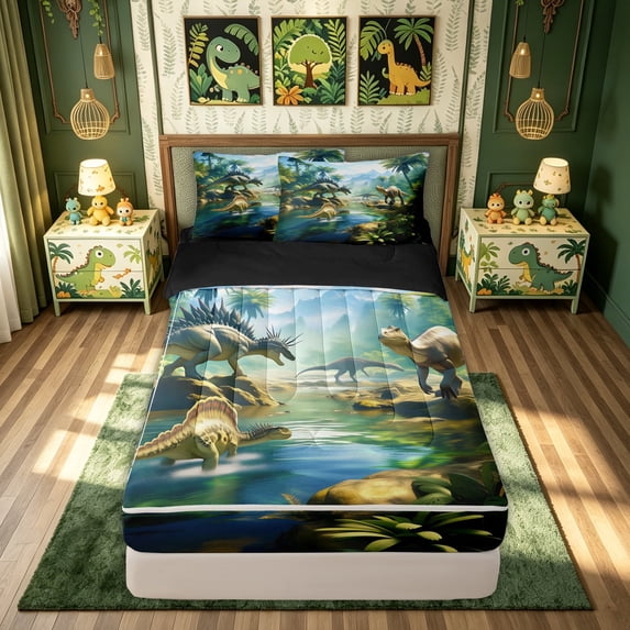 meiyoeat Tropical Rainforest Dinosaur Zipper Twin Comforter Sets with Fitted Sheet and 2 Pillowcases for Kids Boys Girls, Nature Wildlife Zipper Bedding Set, Green, Black Reversible, 4-Piece