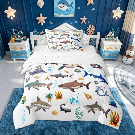 meiyoeat Tropical Shark Coral Twin Comforter Sets for Boys Girls Kids, Underwater Ocean Animal Bedding Set, White, Reversible, 2-Piece, 1 Comforter and 1 Pillowcase