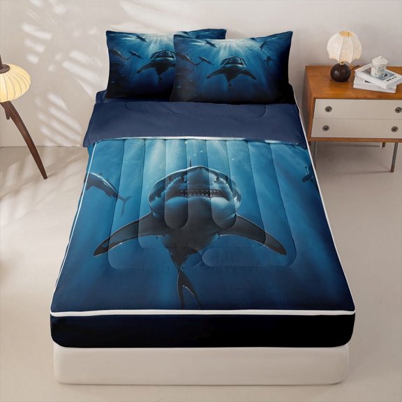 meiyoeat Undersea Shark Zipper Comforter Set with Fitted Sheet and 2 Pillowcases for Men Boys, Ocean Animal Zipper Bedding Set, Dark Blue, Blue Reversible, 3-Piece