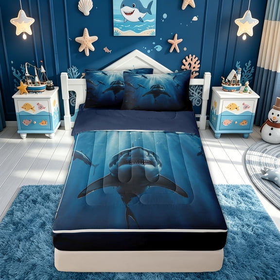 meiyoeat Undersea Shark Zipper Comforter Set with Fitted Sheet and 2 Pillowcases for Men Boys, Ocean Animal Zipper Bedding Set, Dark Blue, Blue Reversible, 3-Piece